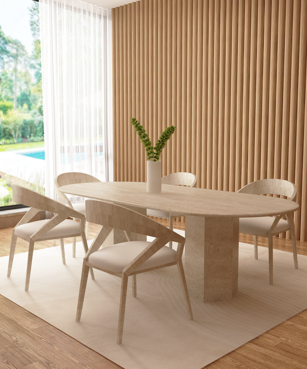Oval Travertine Dining Table with Hexagonal Pedestal Base