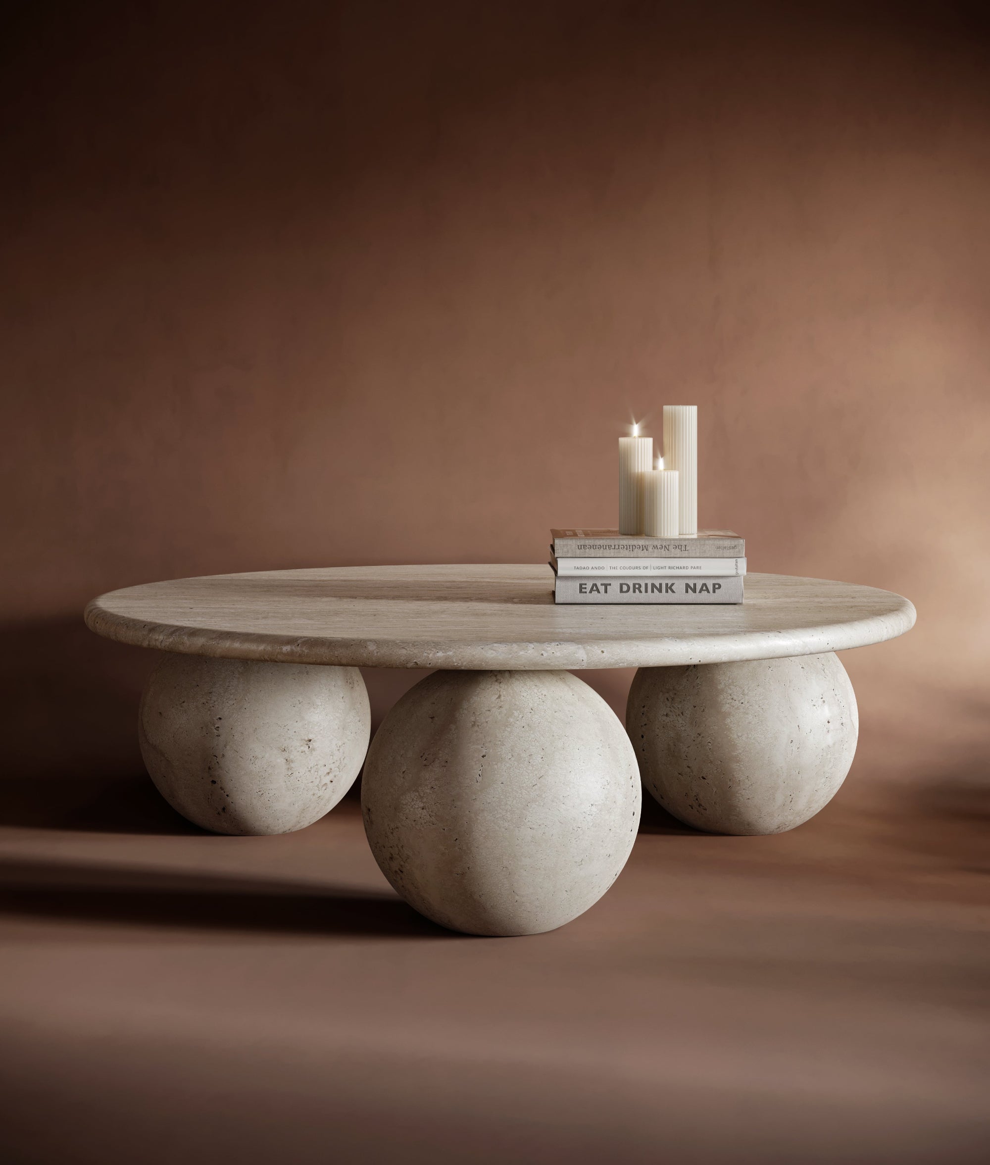 3 Ball Round Travertine Coffee Table