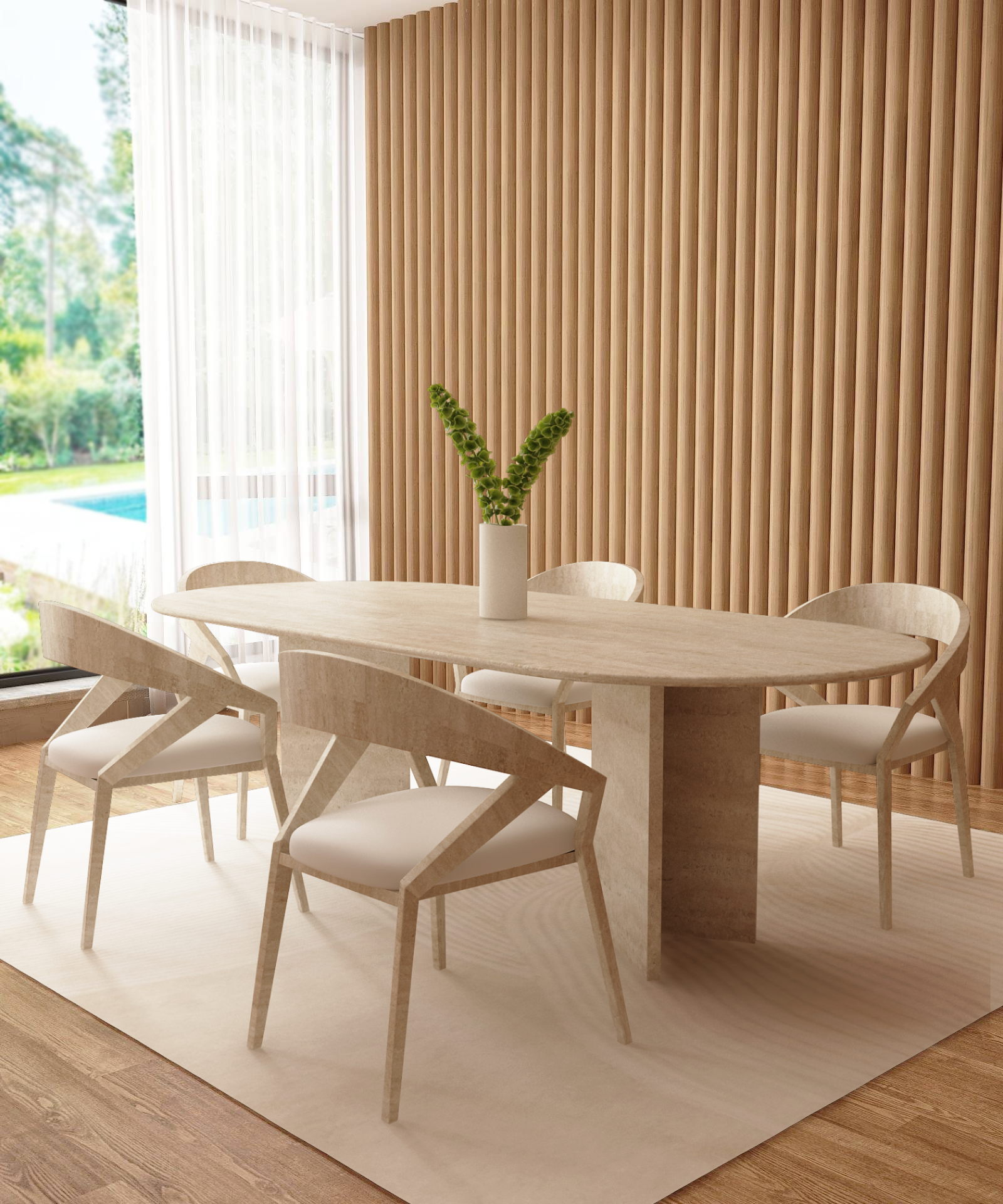 Oval Travertine Dining Table with Split-V Pedestal Base